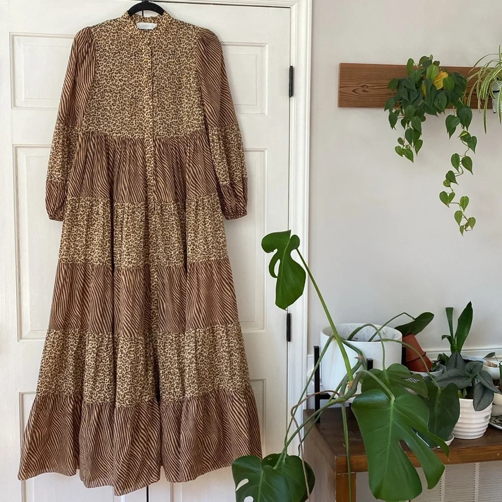 Zimmerman Empire Tiered Dress in Spliced Animal Print in Brown Maxi Dress Size 0 - Picture 6 of 13